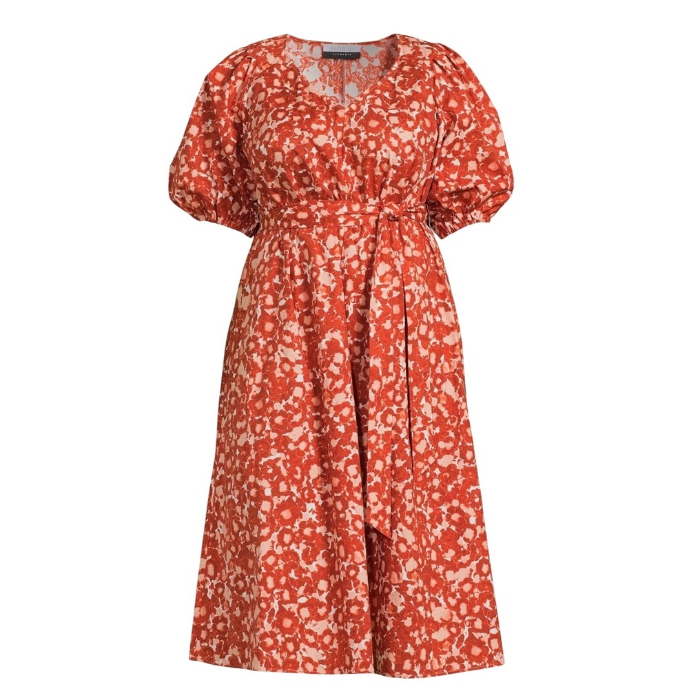 Eloquii Elements Dress Women 28 Rust‎ Floral Puff Sleeve Belted Midi NWT